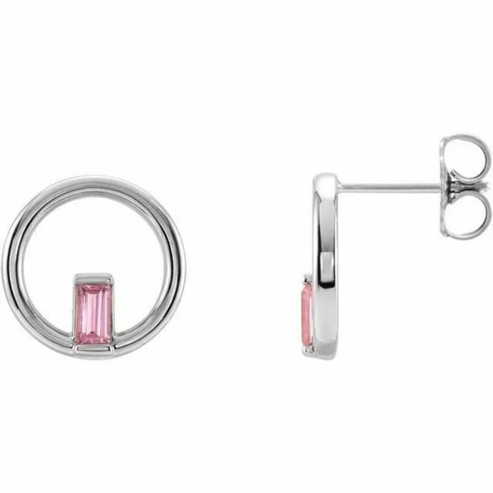 Pink Tourmaline Silver Circle Earrings NEW - Picture 2 of 2